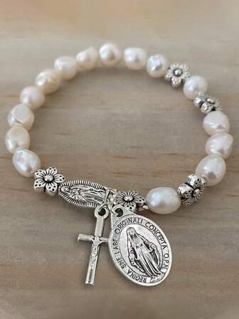 1 pieza Pulsera con colgante de Virgen María con flor y cruz de perlas falsas, estilo vintage adecuado para uso diario de hombres y mujeres, regalo de joyería