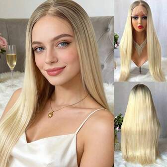 High Quality 13x4 Ombre Blonde Colored Synthetic Lace Front Wig For Women Soft Straight Wig Realistic Natural Looking Wigs White Blonde Wig