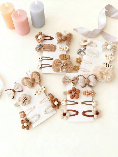 一套（8个）米色毛绒蝴蝶结、花朵、卡通兔子儿童发夹，可爱发饰