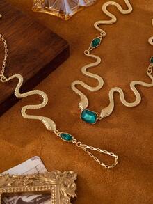 2pcs Exaggerated Fashion High-End Snake & Dark Green Faux Gemstone Necklace & Finger Chain Set, Exotic Mysterious Luxury Jewelry Set, Perfect Gift For Girlfriend, Best Friend, Mother, Suitable For Daily Commute, Parties, Fashion Shoots, Banquets, Vacations - Yellow Gold - View 2