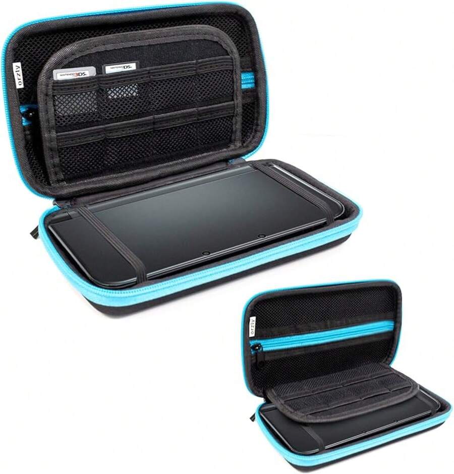 Funda protectora rígida portátil de viaje para consolas 3DS XL con ranuras para juegos y bolsillo con cierre, azul sobre negro - Azul y negro - Ver 1