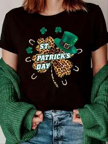 [Casual Style] Women's St. Patrick's Day Graphic Print T-Shirt  Casual Top With Leopard Clover & Green Hat Design  Short Sleeve, Crew Neck  Machine Washable  Perfect For Summer & Spring Festivities, Ladies T Shirts - 黑色 - 查看 1