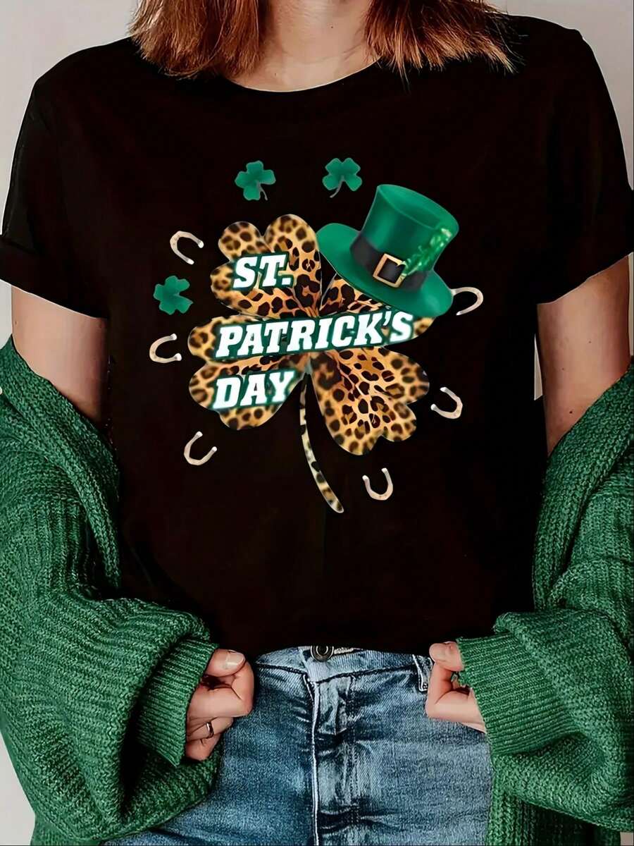 [Casual Style] Women's St. Patrick's Day Graphic Print T-Shirt  Casual Top With Leopard Clover & Green Hat Design  Short Sleeve, Crew Neck  Machine Washable  Perfect For Summer & Spring Festivities, Ladies T Shirts - 黑色 - 查看 1
