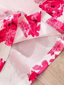 女童玫瑰印花露肩连衣裙，荷叶边下摆，休闲时尚网纱裙，夏季 - 玫紅色 - 查看 7