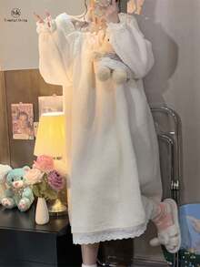 Timetallking [Pajama Specialty Store] Super Warm, Fluffy, Fleece-Lined Nightgown, Cute Loungewear, Flannel, Princess Style, Warm, Fluffy, Loungewear, Soft, Thick Pajamas For Fall/Winter - trắng - Xem 1