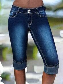 女士纽扣式紧身牛仔裤 - 深色水洗藍 - 查看 2