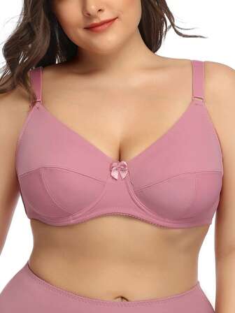 1入組大尺碼女士實色彈性超薄鋼圈胸罩，簡約日常款式