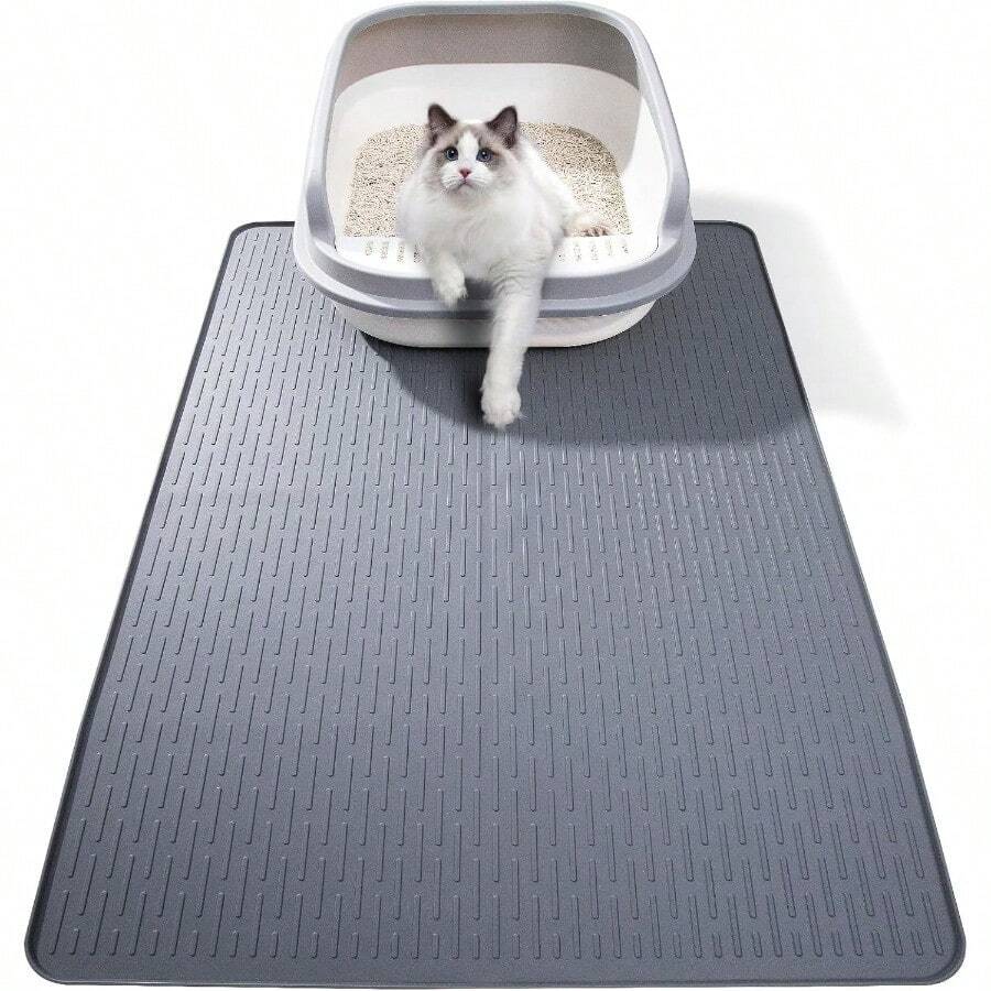 Silicone Cat Litter Mat, 28x20 In Waterproof Litter Box Mat Cats Feeding Mats With Raised Edges, Quick Clean Desig (Grey) - 28"D x 20"R - Xem 1