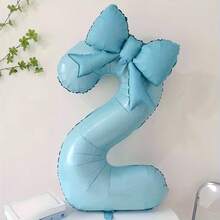 3pcs/Set Includes Blue Number Balloons & Blue Bowknot Balloons Mixed Balloon Set, Suitable For Birthday Party, Gathering Decoration, Anniversary Celebration, Holiday Celebration, Backdrop Decoration, Outdoor Party Atmosphere Creation And Photography Decoration - Blue - View 5