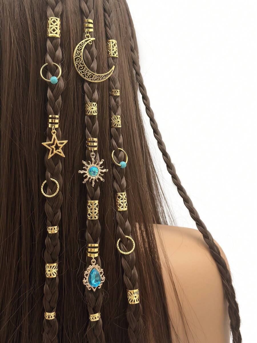 46pcs Gold Star & Moon Hair Accessories, Women's Braided Baroque Sun Dreadlock Beads Hair Decorations, Claw Clips, Hair Slide, Hair Barrettes - Gold - View 1