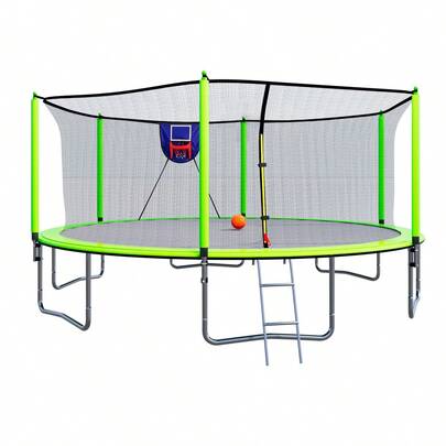 15FT Trampoline With Basketball Hoop Inflator And Ladder, 6pcs Safety New Pole Sleeves- Green