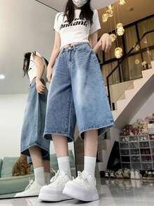 夏季复古美式高街宽松直筒七分牛仔裤，无弹力面料，高腰设计 - 中等水洗藍 - 查看 5