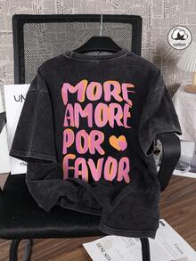 Es Trus Plus Size Cotton "More Love Please" Graphic Print Y2K Streetwear Black Round Neck Plus Size Washed T-Shirt - Black - View 4
