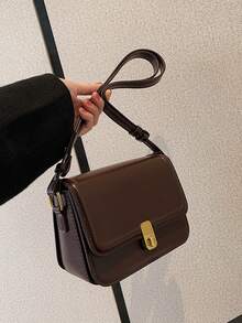 1pc Fashionable Solid Color Trim Minimalist Shoulder Square Bag - Coffee Brown - View 2