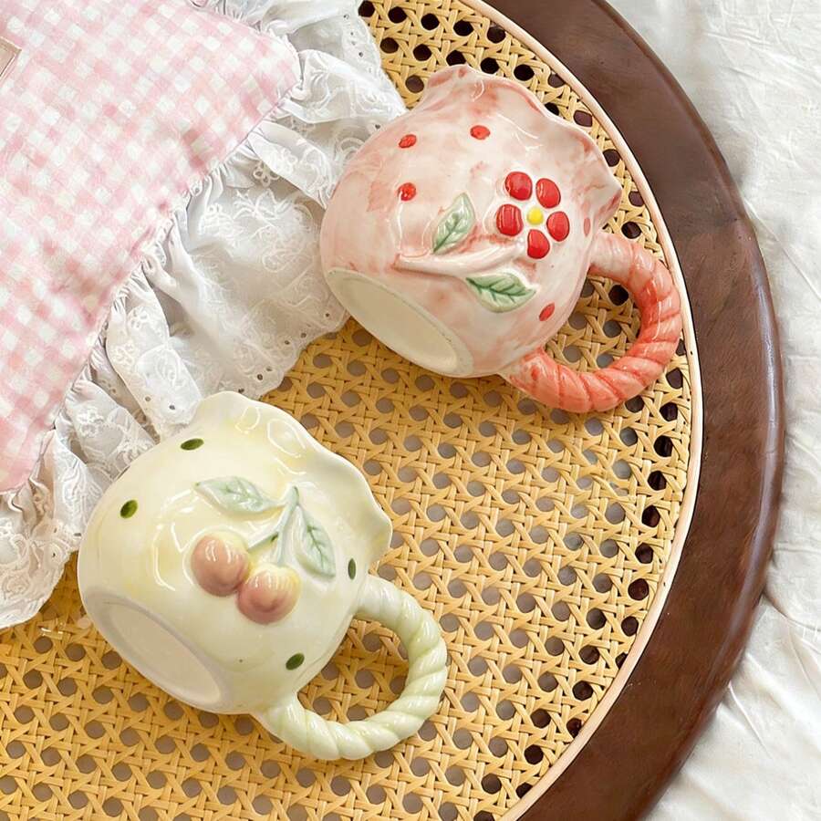 2 chiếc cốc cà phê gốm sứ thủ công sáng tạo với họa tiết hoa mai và hoa anh đào dập nổi. - Nhiều màu - Xem 1