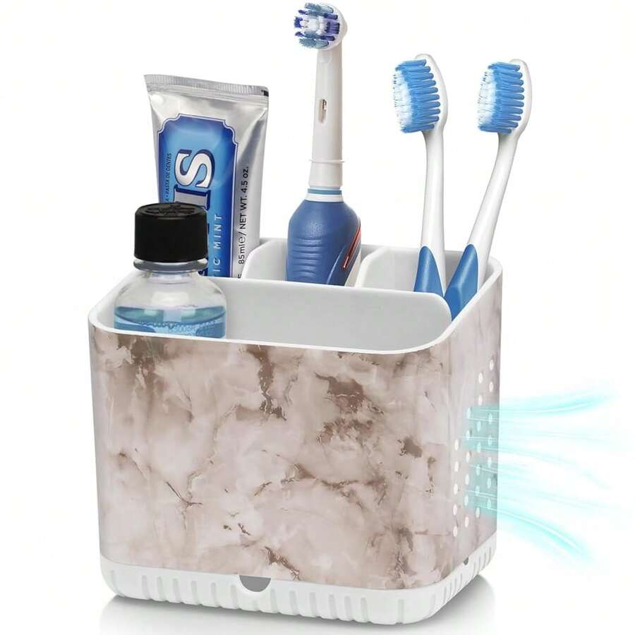 Toothbrush Holders For Bathrooms, Electric Toothbrush And Toothpaste Holder, Toothbrush Caddy Organizer, 4 Slots Tooth Brushing Stand For Bathroom Organizer Countertop (White Marble),WhiteMarbleGrain - 白色大理石紋理 - 查看 1