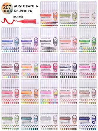 languo 207 colores Marcadores de punta blanda líquida opaca, con gran poder de cobertura, adecuados para dibujar personajes de dibujos animados, piedras, vidrio, grafiti DIY, cerámica, superficies metálicas