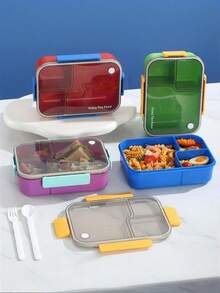 1pc Children/Adult Bento Lunch Box, Material: PP, Microwave , Easy To Clean, 4-Side Latch Closure, Silicone Gasket For Good Sealing, Capacity: Approx. 1450ml, Comes With Fork And Spoon