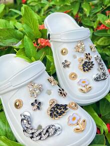 18pcs DIY Garden Shoe Rhinestone Black Swan 3D Cute Flower Shoe Accessories - Black Rhinestone Chain Shoe Flower Detachable Decor, Suitable For Beach Shoes, Hollow Shoes, Holiday Gifts, All Seasons - Black - View 3