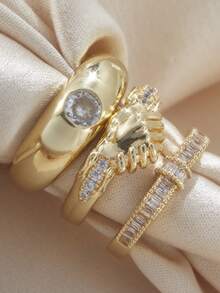 3 件套复古闪亮镶嵌立方氧化锆握手女士戒指套装，时尚百搭，适合女性、母亲节、节日派对、婚礼、感恩节等场合，也是馈赠佳品。 - 套裝 - 查看 5