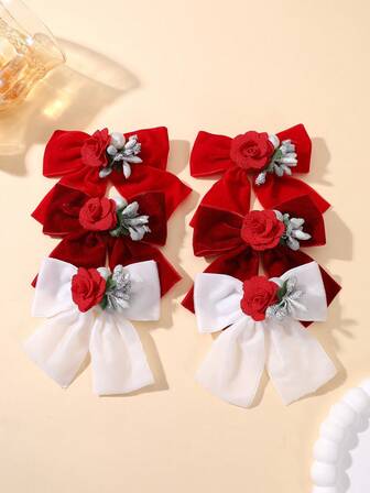 2pcs Vintage Elegant Red Bow Velvet Rose Decor Side Clips, Charming Bridal Princess Headpiece Set, Cute Kids Hair Accessories, Suitable For Daily Use