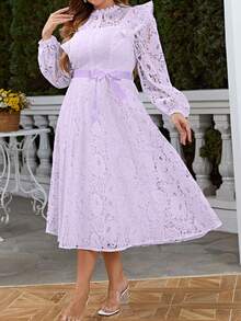Simplee Gaun Lengan Panjang Leher Bulat Berenda Elegan Ukuran Plus untuk Wanita, Cocok untuk Pesta dan Kencan, Musim Semi/Panas - Purple - View 4