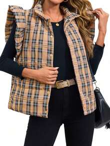 Women's Plaid Quilted Puffer Vests Ruffle Cap Sleeve Sleeveless Lightweight Vest Fall Winter Winter Warm Puffy Jacket Padded Gilets Coats - Màu Khaki - Xem 5