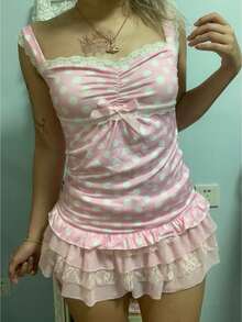 Women Y2k Backless Tank Top Vintage Lace Trim Floral Patchwork Cami Crop Top Summer Party Club Vest 00s Retro Shirt - 粉色 - 查看 1