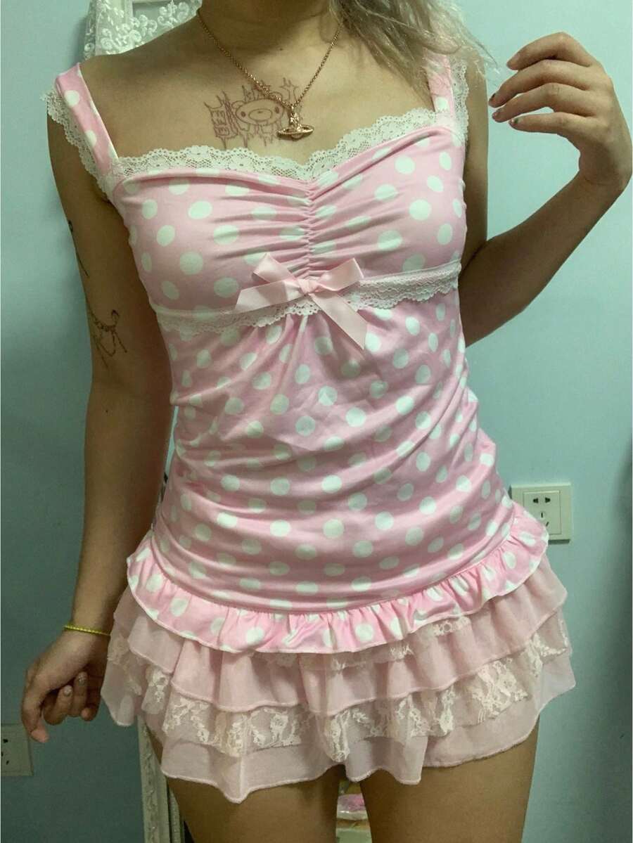 Women Y2k Backless Tank Top Vintage Lace Trim Floral Patchwork Cami Crop Top Summer Party Club Vest 00s Retro Shirt - 粉色 - 查看 1