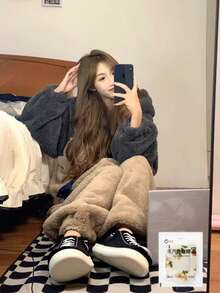 1件舒适毛绒棕熊连帽拉链连体衣，可爱甜美女士睡衣 - 彩色 - 查看 7