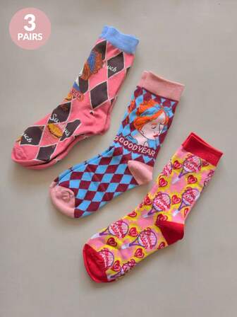 3 Pairs Women/Girls Argyle, Heart, Floral Pattern Casual Sports Matching Knee High & Ankle Socks, Random Patterns