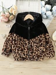 女童豹纹拼接连帽抓绒外套，女童外套，豹纹拼接蓬松连帽外套，女童秋冬季加厚仿保暖内衬外套，街头风宽松拉链开衫，女童时尚豹纹保暖上衣，女童冬季外套（节日礼物）