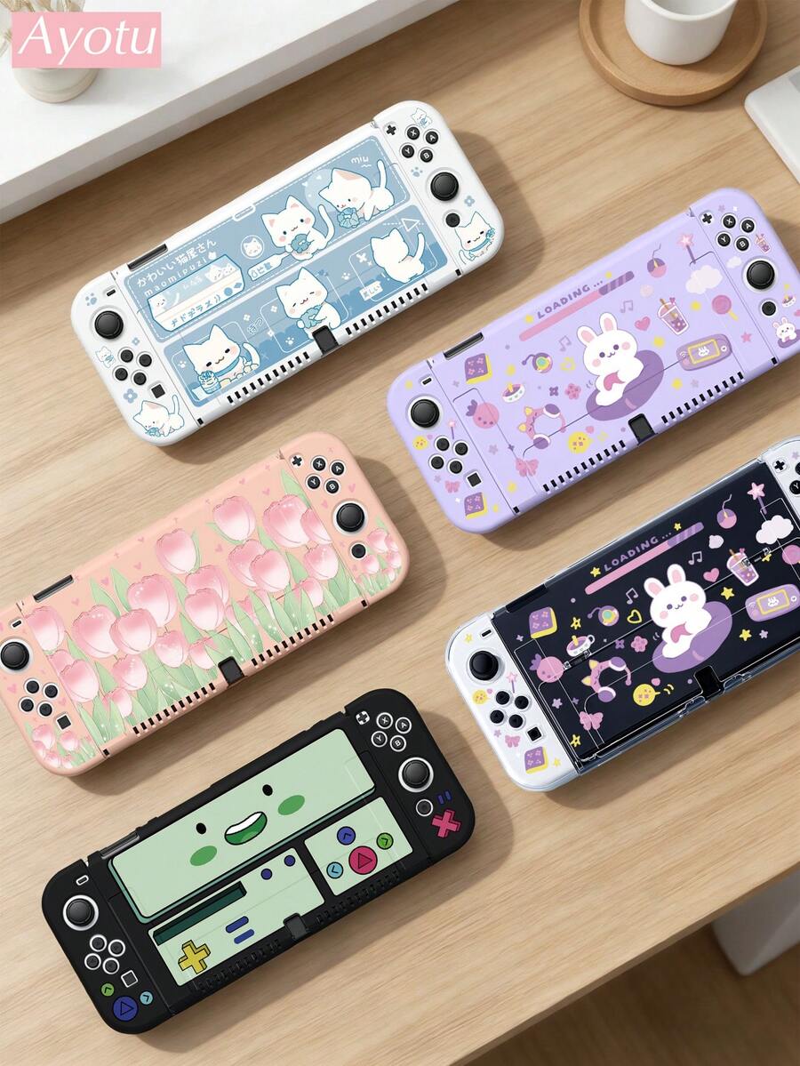 遊戲、貓、兔子、鬱金香主題超薄 TPU 保護殼，相容 Switch OLED/Lite/New Switch2 (2025)。可直接放入底座，無需拆卸。防震防塵。多色可選。春季浪漫、鄉村風、情人節、新年、開學季。