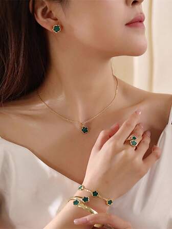 1 Set de 6 piezas de joyas de flor de trébol de aleación y tablero de plástico, incluyendo anillos, pulseras, aretes y brazaletes, regalo para mujeres, para uso diario