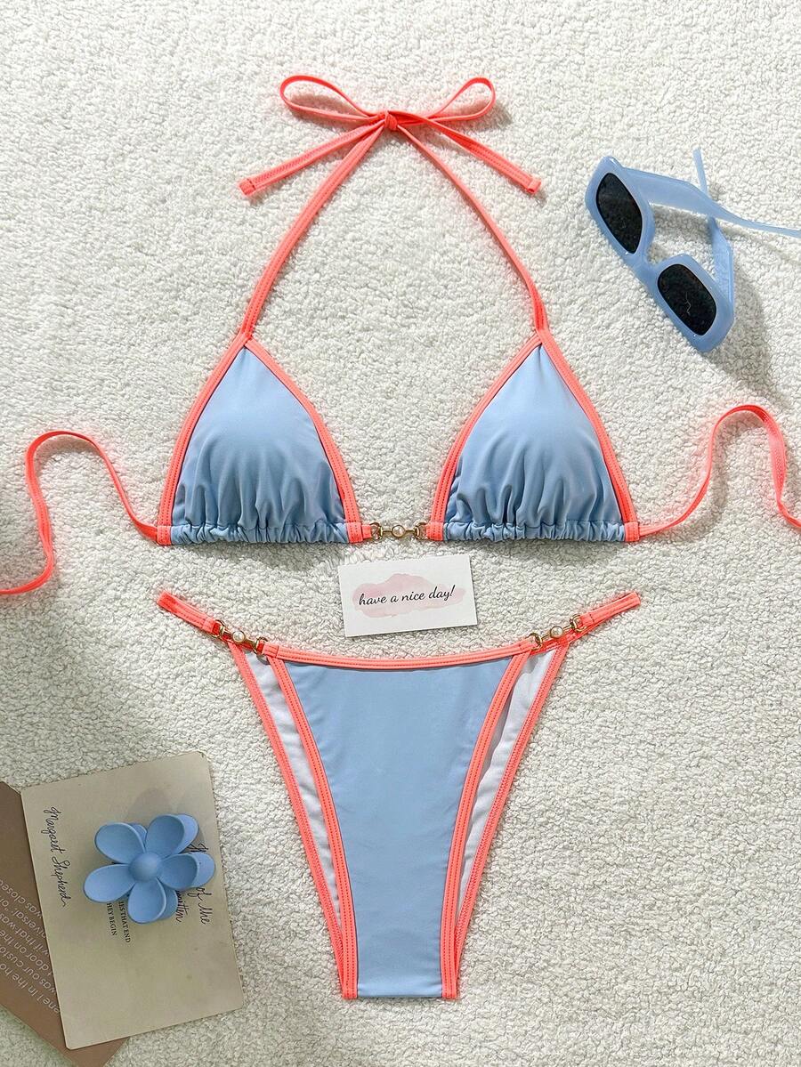 2026 New Fashionable Colorblock Women's Bikini Two Pieces Swimwear Set, Suitable For Summer Beach, Pool, Vacation, Holiday Party Sexy Beach Outfit