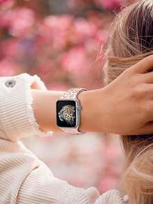 Leopard Floral Carved Watch Band, Compatible With Apple Watch, Pink Silicone Strap As Holiday Gift, Available In 49mm, 45mm, 44mm, 42mm, 41mm, 40mm, 38mm, 46mm Sizes; Leopard Print Waterproof Sports Silicone Wristband, Replacement Band, Compatible With Series 11, 10, 9, 8, 7, 6, 5, 4, 3, 2, 1, SE, Suitable For Apple Watch, Women's Red Version - Pink - View 7