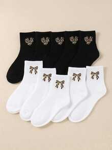 10双儿童长袜，心形蝴蝶结图案，豹纹印花，适合日常穿着，男女童款式随机搭配，儿童袜子 - 彩色 - 查看 6