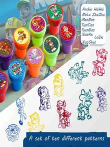 Paw Patrol 10枚/套汪汪队主题卡通印章，包含Chase、Skye、Rubble等角色图案。完美的生日派对礼物、学校奖励，非常适合生日和节日派对。 - 彩色 - 查看 6