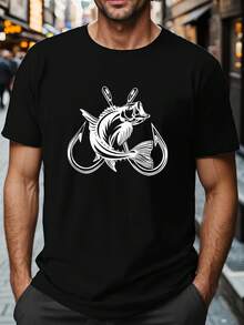 Camiseta creativa con estampado de pez y anzuelo para hombre, talla grande, informal, de manga corta y cuello redondo, para verano y exteriores. - Negro - Ver 2