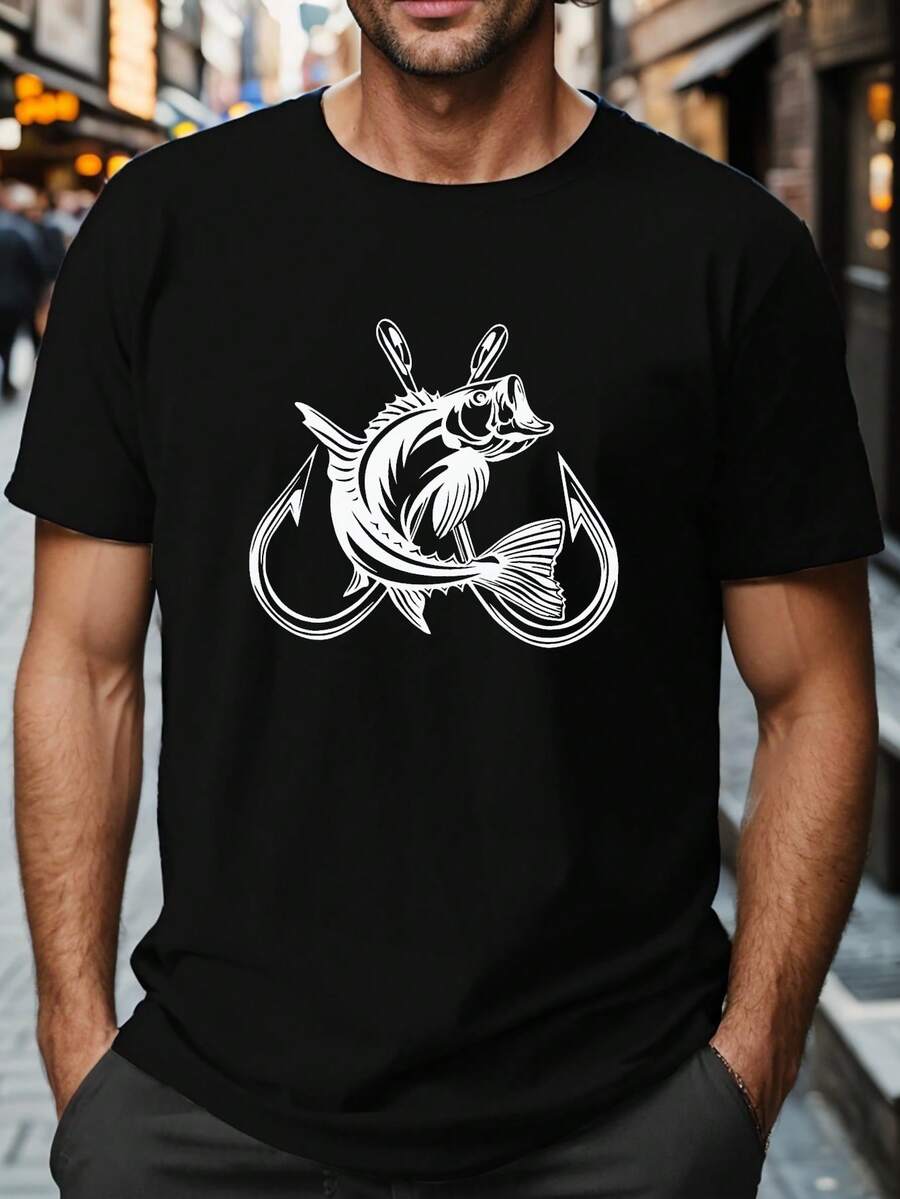 Camiseta creativa con estampado de pez y anzuelo para hombre, talla grande, informal, de manga corta y cuello redondo, para verano y exteriores.