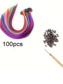 100 Bundles/20 Bundles 20 Inch Party Colorful Hair Extensions Set, I-Tip Fusion Long Straight Hair, Synthetic Heat-Resistant Highlighted Feather Micro Ring Hair Accessories, Includes 50 Micro Beads And Hook Tool - Multicolor - View 16