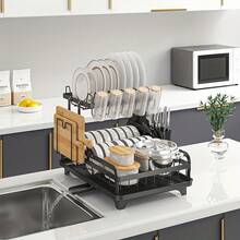 1pc 2 Dish Rack LargeCapacityDrainrack,SuitableforKitchenSavespaceCountertops,Includes Sink Tray, Sink Board, And Cutlery/Cutting Doard Holder A Must-Have For Womens Apar Tments/Kitchens Mother's Day Valentine's Day  Best Friends Day - 黑色 - 查看 5