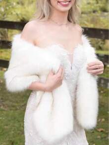 Bridal White Fluffy Shawl, Bride Shawl, Wedding Dress Cloak, Bridal Capelet, Thick, Soft, Long Cloak, Outerwear, Winter, Warm, Windproof, Evening Dress, Scarf - White - View 2