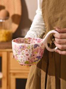 1 tasse en céramique de 450 ml avec anse florale, grande capacité, tasse petit-déjeuner, convient pour les desserts, le lait, la bouillie d'avoine, usage domestique polyvalent - Multicolore - Voir 15