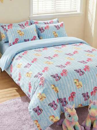  2/3 piezas Juego de ropa de cama de My Little Pony, patrón de dibujos animados lindo, transpirable y amigable con la piel, suave y resistente a las pelusas, textil para el hogar, decoración de la habitación, incluye 1 funda nórdica y 1/2 fundas de almohada, excluye el edredón, adecuado para camas individuales/dobles/queen/king, para todas las estaciones, lavable a máquina, regalo elegante, azul