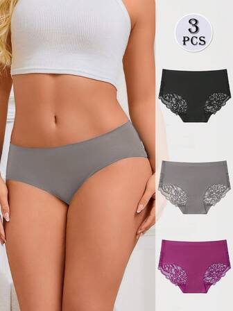 3pcs/Set Women's Mixed Color Panties, Lace Patchwork Briefs