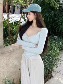 2件套女士V领长袖T恤和吊带背心叠穿上衣，秋冬季 - 淺藍色 - 查看 7