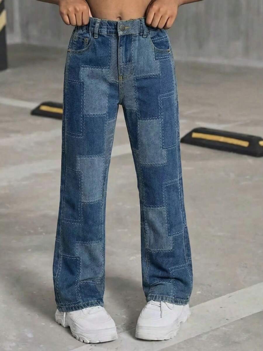 Tween Girls Elastic Waist Fashionable Casual Washed Denim Jeans - Multicolor - View 1