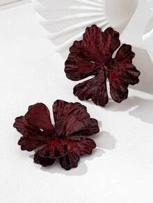2pcs Exaggerated Metal Dark Red Oversized Flower Stud Earrings For Women, Suitable For Parties, Valentine's Day, Gatherings, Vacation, Beach, Spring/Summer New Arrivals - Dark Red - View 3