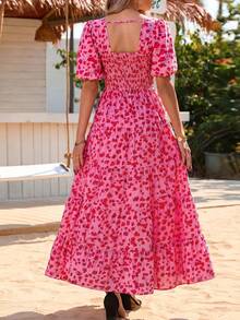 Women's Dress, Puffed-Sleeve Floral Casual Summer Dress, Pleated Back, Beach Flowing, Layered Long Sundress - Hoa nhỏ màu đỏ hồng - Xem 2